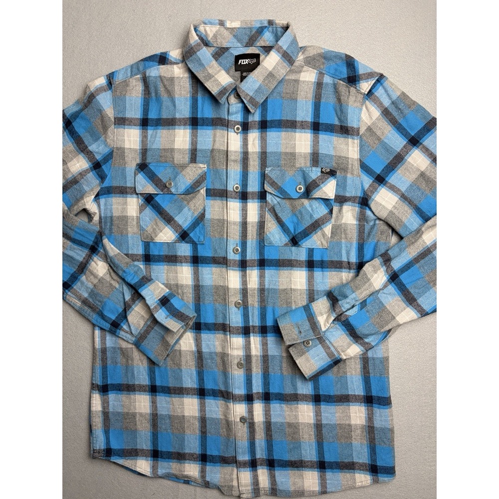 Fox Racing Flannel Shirt Mens Medium Blue Gray Plaid Long Sleeve Moto Skate